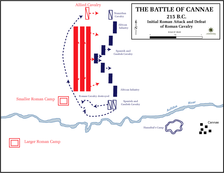 Initial Roman Attack and Defeat of Roman Cavalry at the Battle of Cannae (215 BC)